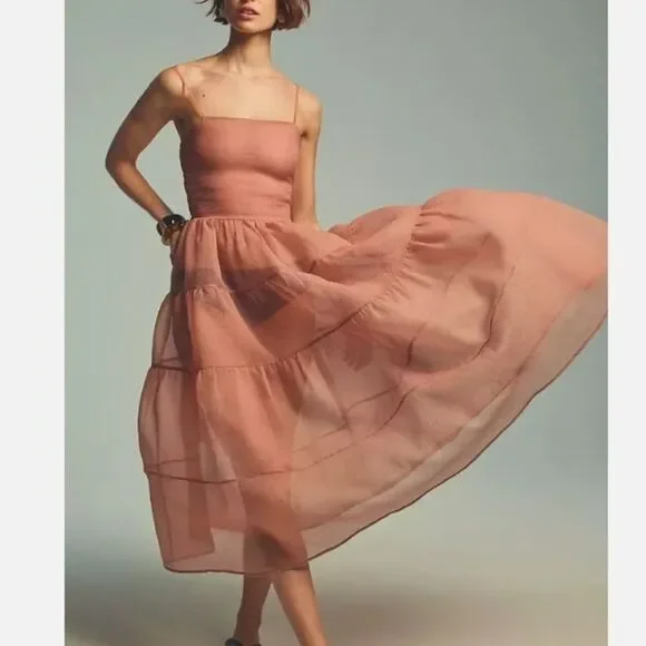 Anthropologie X OhSevenDays Tiered Sheer Midi Dress Size Large color blush - Picture 5 of 11